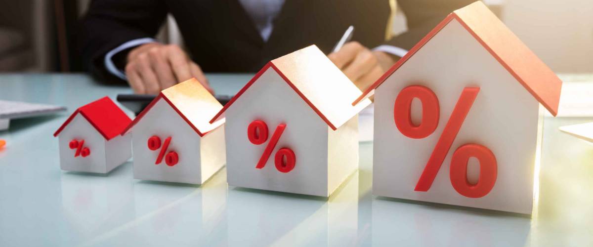 Close-up Of A House Models With Percentage Symbol In Front Of Businessperson Working In Office