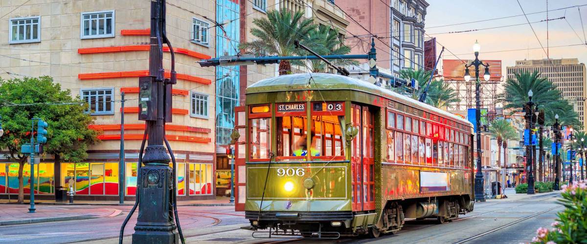 Streetcar in downtown New Orleans, USA at twilight
