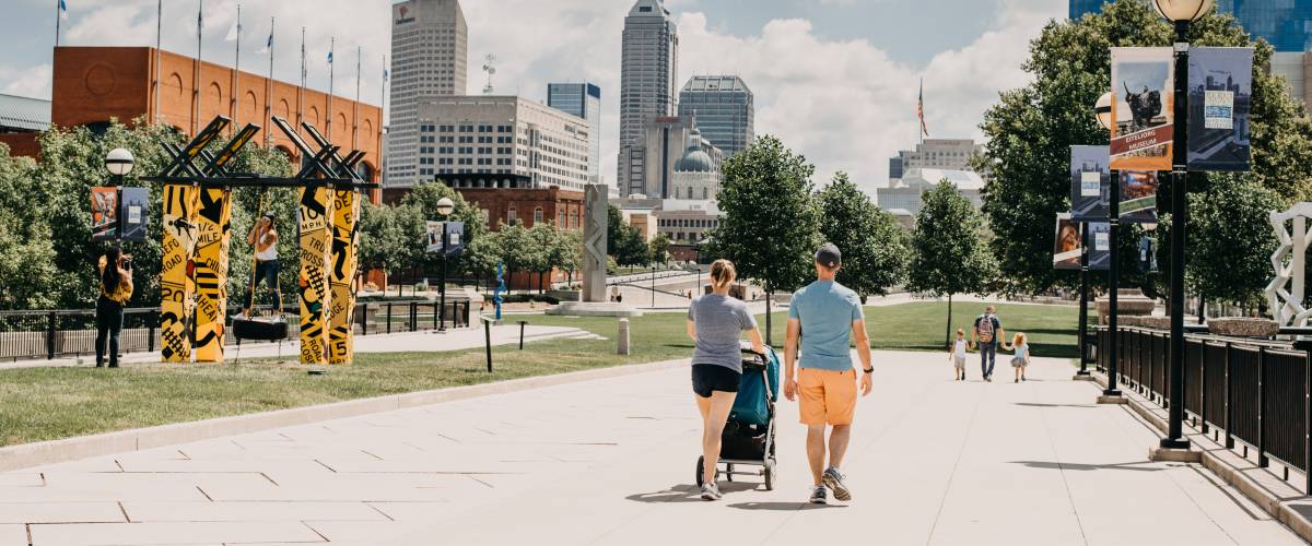 Family walking in downtown city