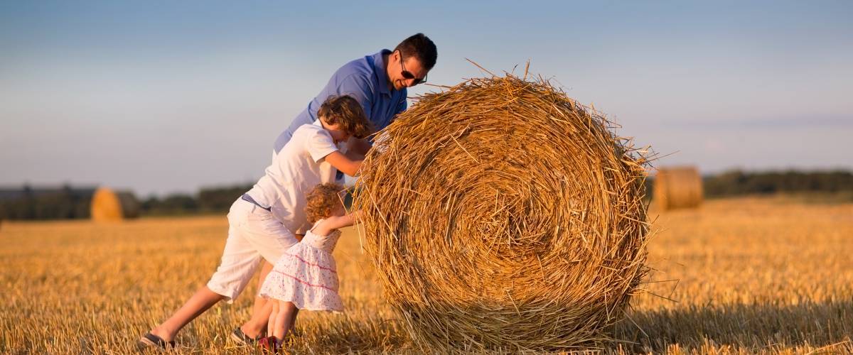 Father and kids in a hay field