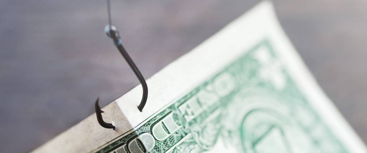 Dollar note on a fishing hook close-up, soft focus. Conceptual image of financial trick, financial pyramid, easy money.