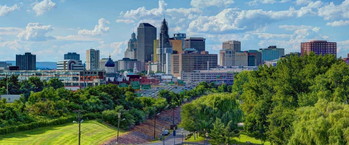 Skyline of downtown Hartford, Connecticut from above Charter Oak Landing.