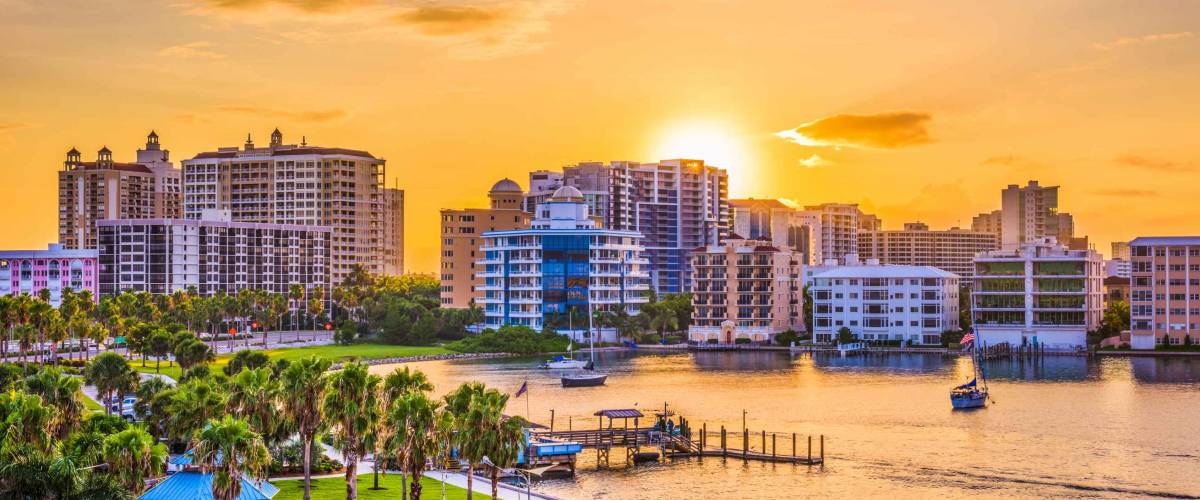 Sarasota, Florida, USA downtown skyline on the bay at sunrise.
