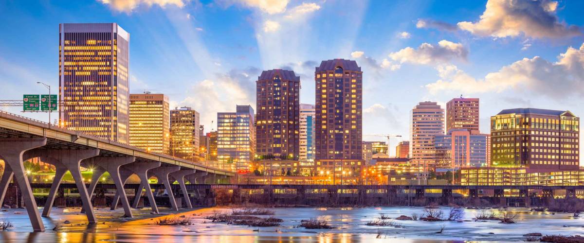 Richmond, Virginia, USA downtown skyline on the James River.