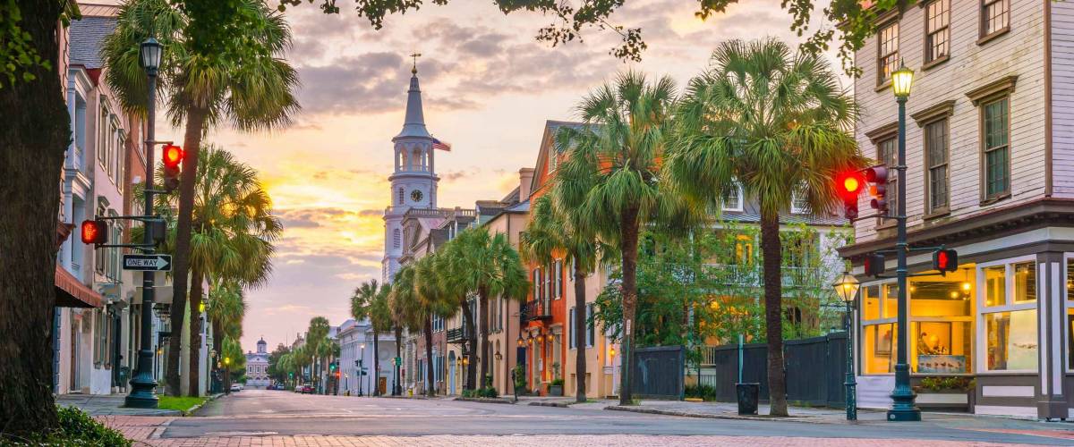 Historical downtown area of Charleston, South Carolina, USA at twilight.