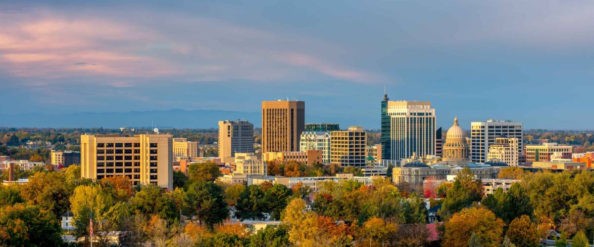 The skyline of Boise Idaho with Autumn trees in full bloom