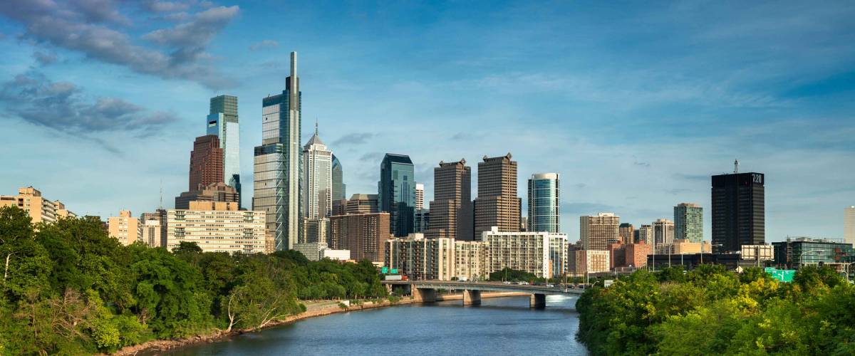 Philadelphia panorama cityscape downtown urban core skyscrapers over the Schuylkill River in Pennsylvania USA