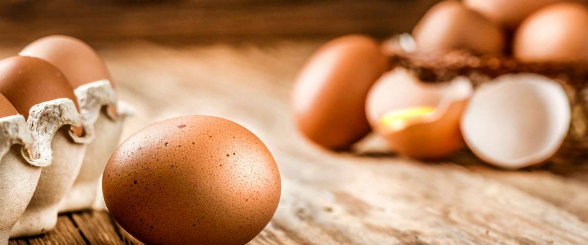 Brown eggs in carton box. Broken egg with yolk in background.