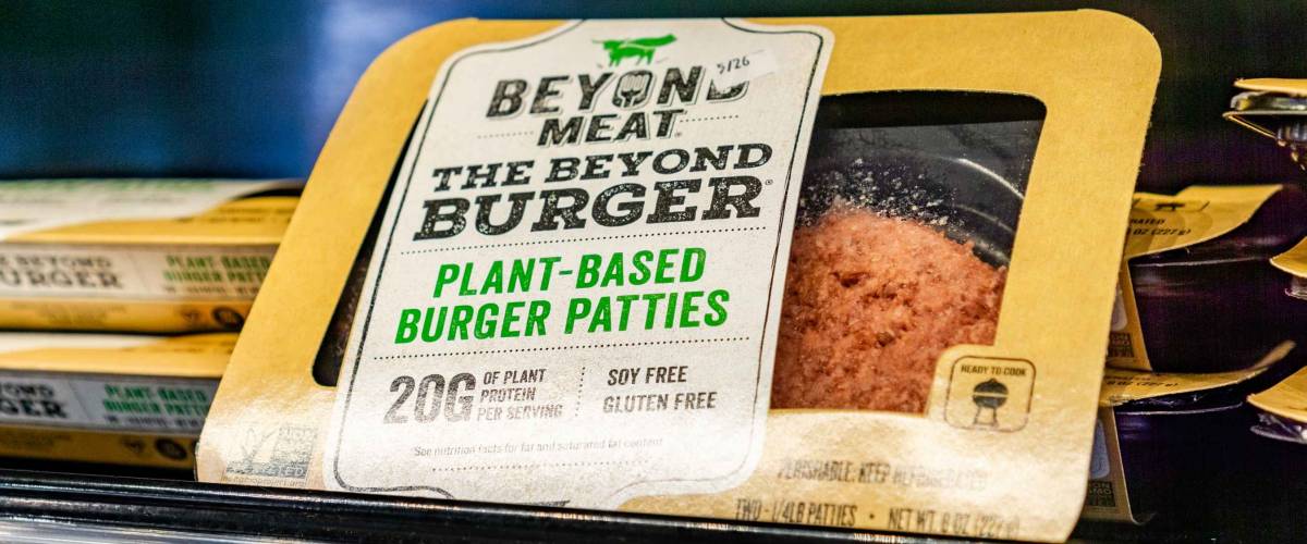 May 17, 2019 Cupertino / CA / USA - Beyond Meat Burger packages available for purchase in a Whole Foods store in San Francisco bay area