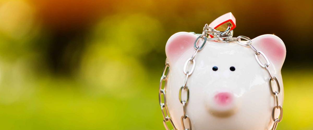 A piggy bank with security and lock in public park, saving money for real estate and property protection concept.