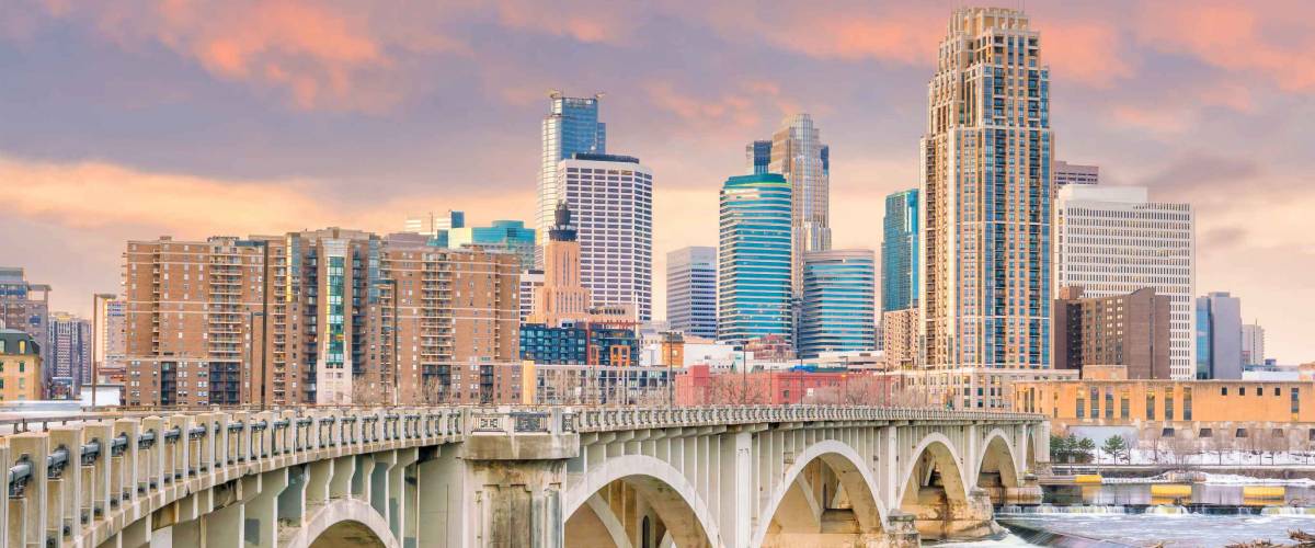 Minneapolis downtown skyline in Minnesota, USA at sunset