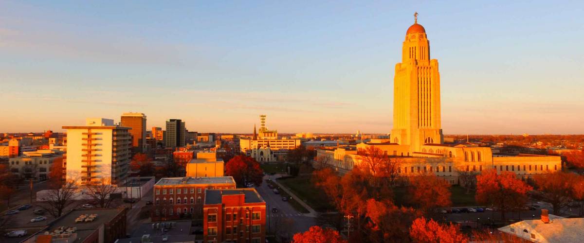 The sun sets over the State Capital Building in Lincoln Nebraska
