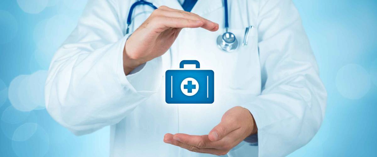 Health (medical) insurance concept. Doctor with protective gesture and icon of nurse briefcase.