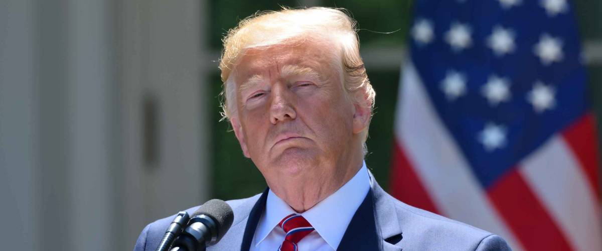 WASHINGTON, DC - JUNE 12, 2019: President Donald Trump pauses with a serious face during a press conference in the Rose Garden of the White House with Polish President Andrzej Duda.