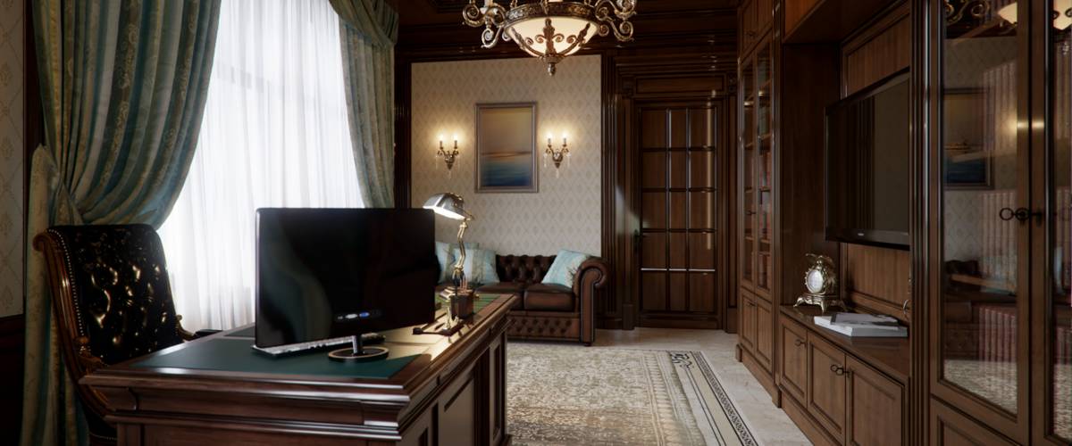 Spacious dark wood home office in classical style with large library and sofa. 3d render