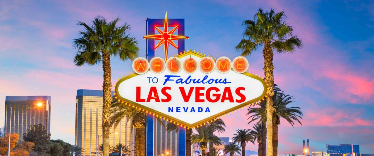 Las Vegas, Nevada, USA at the Welcome to Las Vegas Sign at dusk.