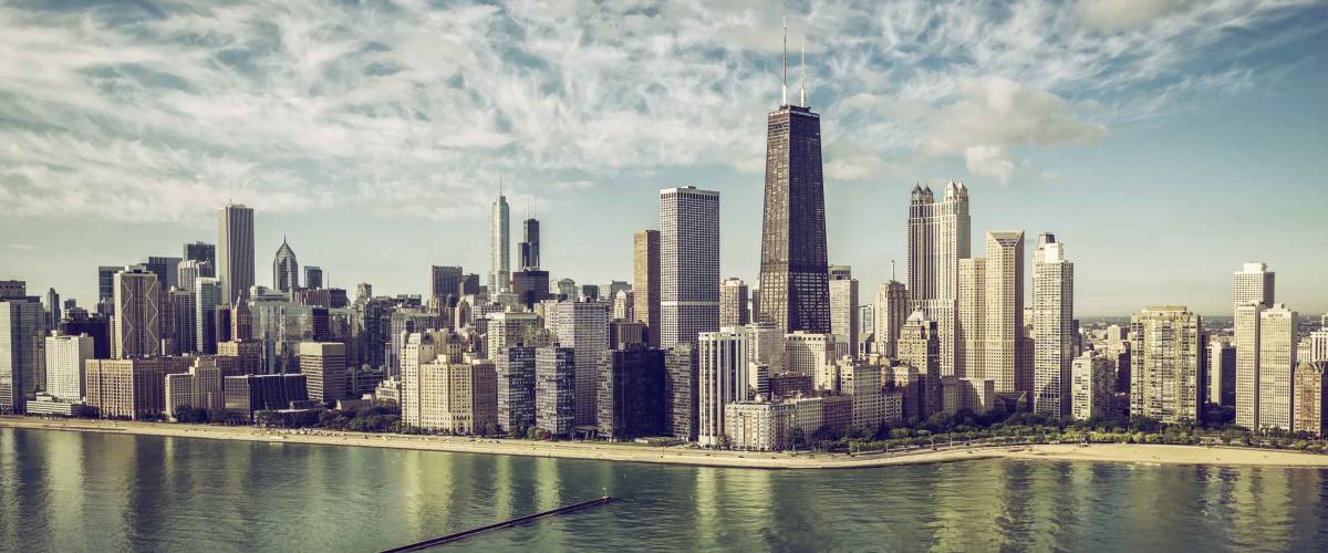 Chicago Skyline aerial view skyscrapers by the beach , vintage colors