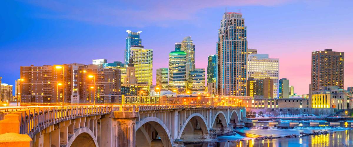 Minneapolis downtown skyline in Minnesota, USA at sunset