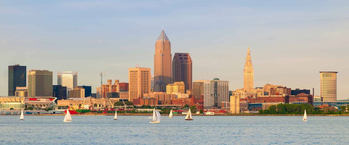 Cleveland, Ohio, near sunset, viewed from out on Lake Erie