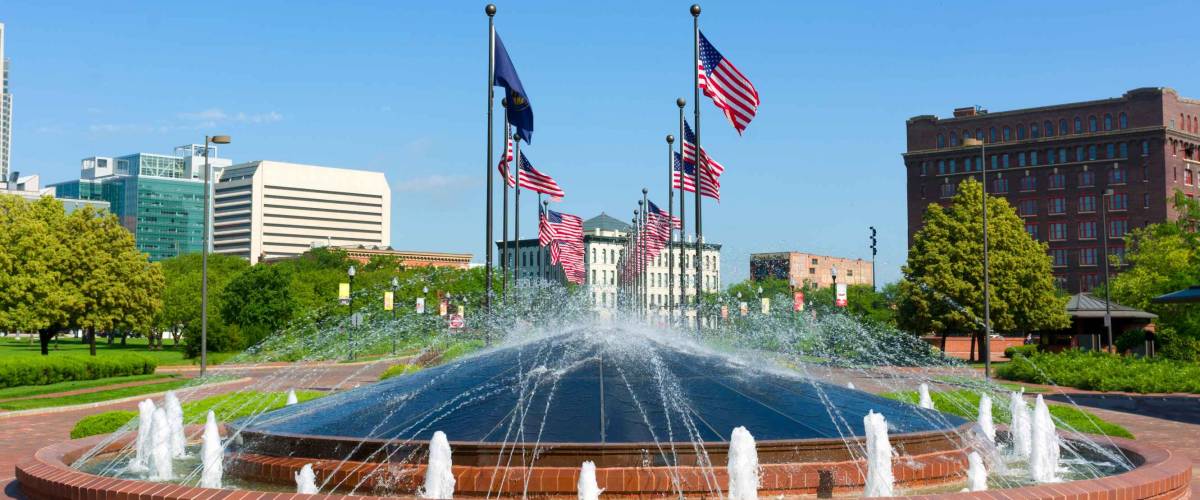 Downtown Omaha Nebraska Water Fountain and American Flags