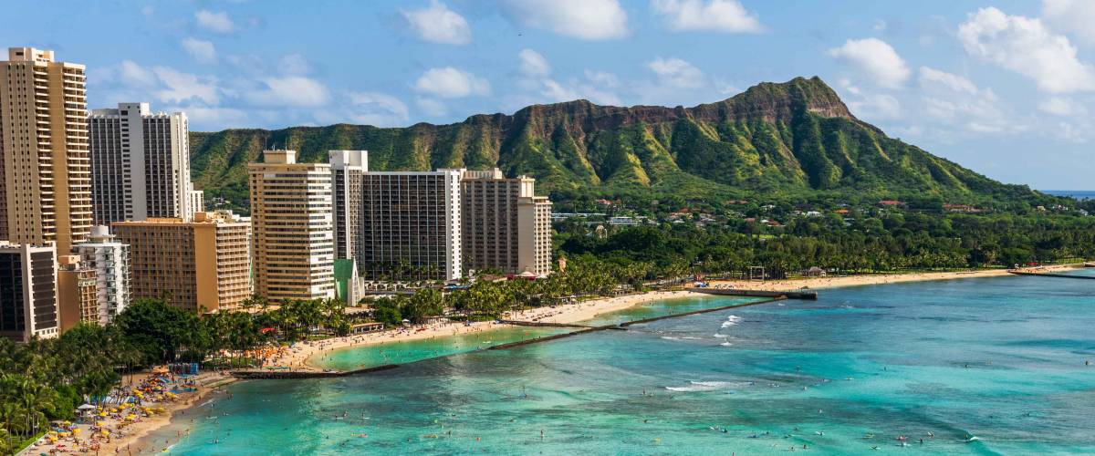 Hawaii panoramic Honolulu city travel landscape banner background of Waikiki beach and Diamond Head mountain peak at sunset, Oahu island, USA vacation.