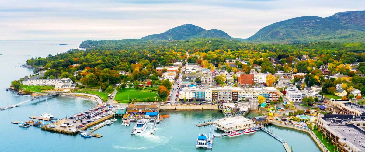 Aerial view of Bar Harbor, Maine. Bar Harbor is a town on Mount Desert Island in Hancock County, Maine and a popular tourist destination.