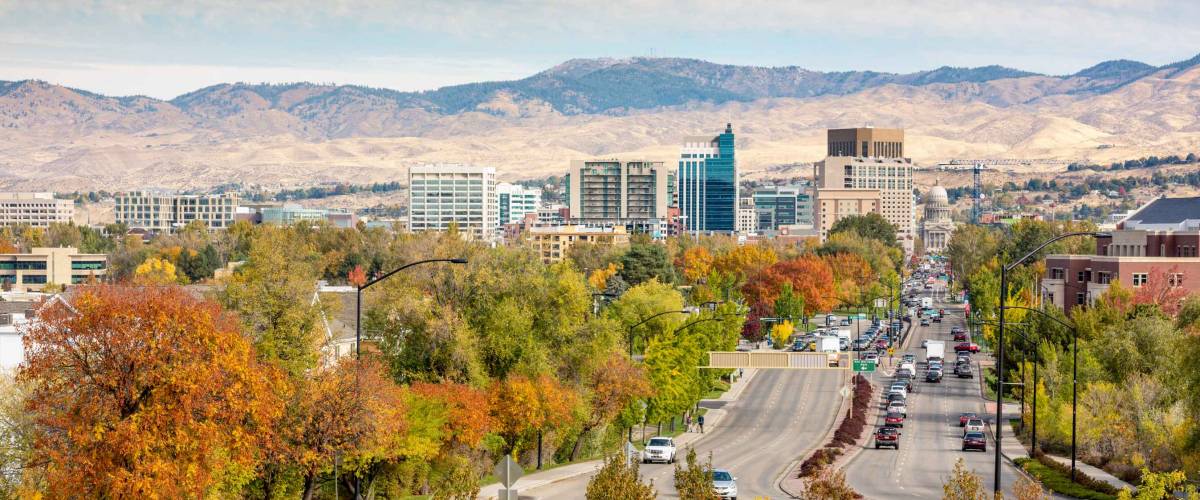 Boise Idaho street leading to the capital building in fall