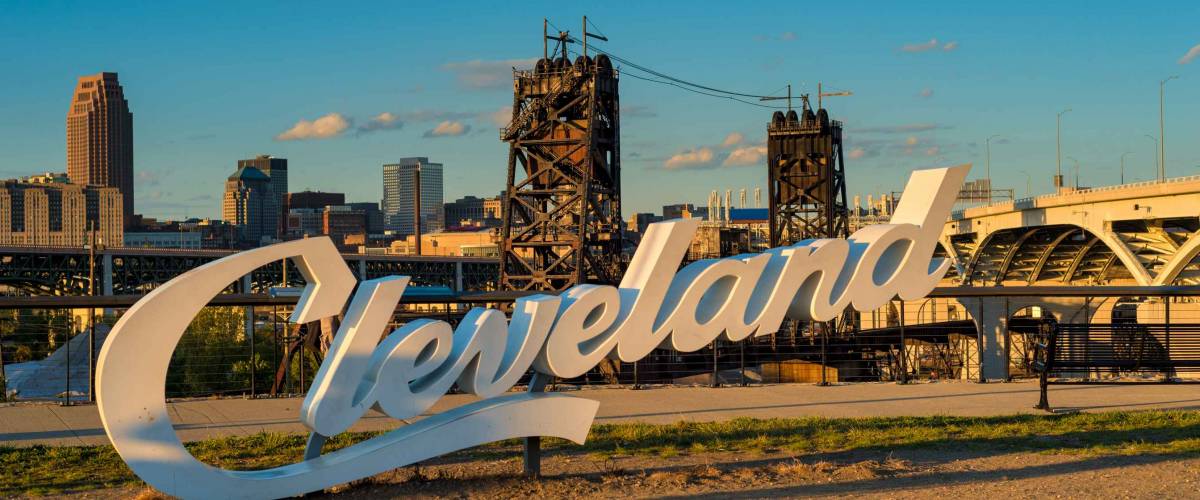 A Cleveland sign, one of three in the city, overlooking downtown from the near west side