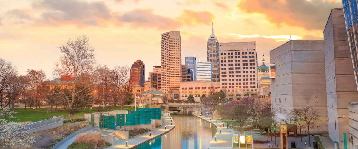 Downtown Indianapolis skyline at twilight