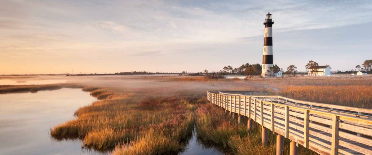 North Carolina Outer Banks Bodie Island Lighthouse Autumn Morning Marsh Boardwalk