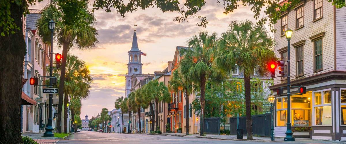 Historical downtown area of Charleston, South Carolina, USA at twilight.