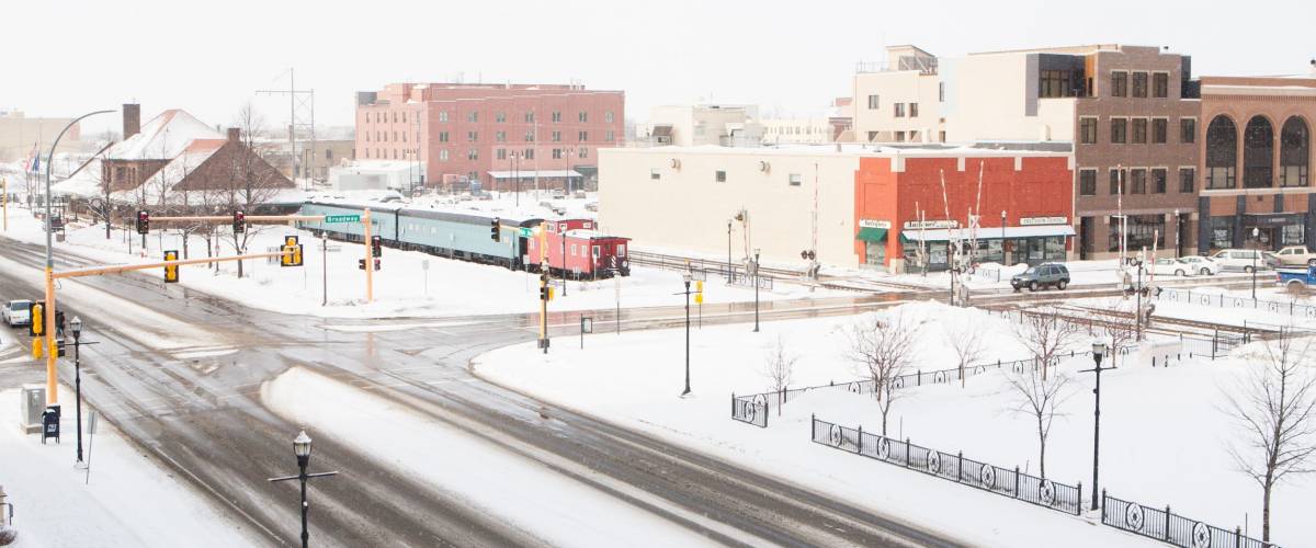 A snowstorm passes thru fargo, North dakota in winter.