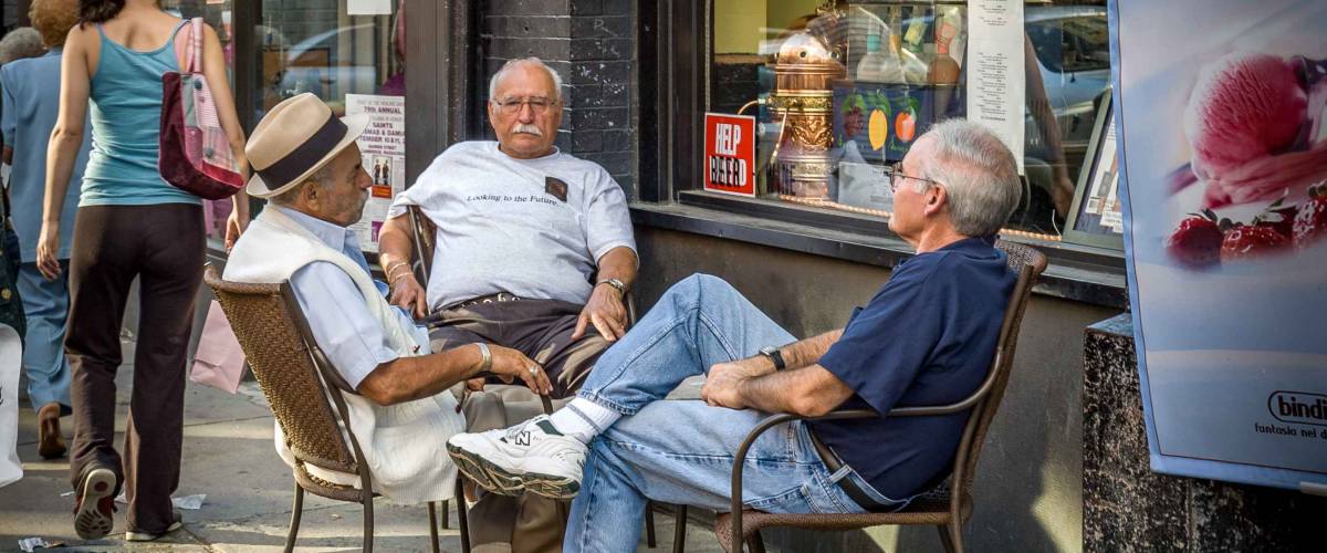 Boston, Massachusetts, USA - September 3, 2005 : Italian seniors meeting in sidewalk of Boston, Massachusetts