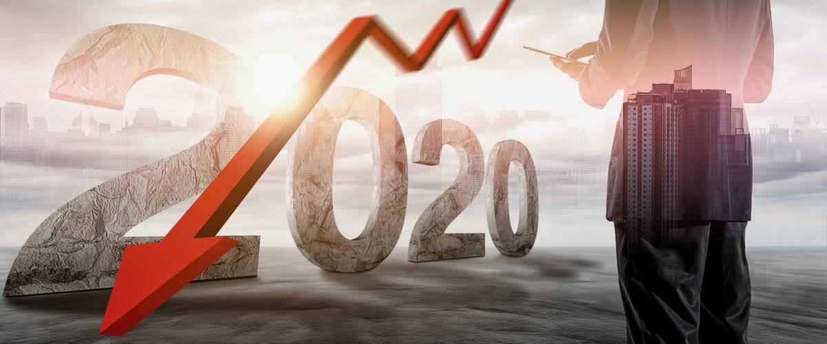 The economic crisis of 2020. Red arrows fall to the ground, indicating the economic recession that will occur in 2020.