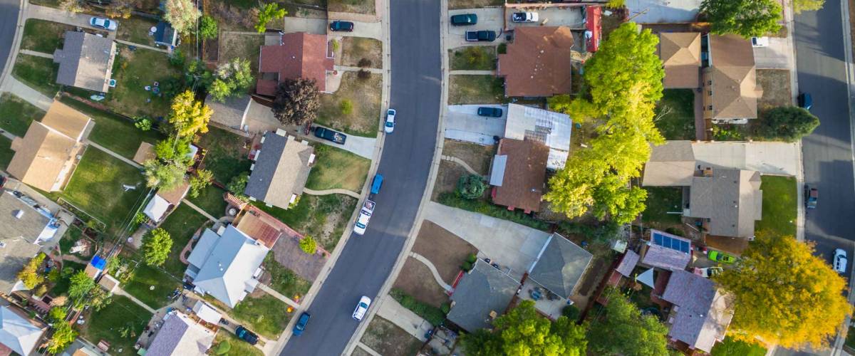 Aerial view of residential neighborhood in the Autumn.