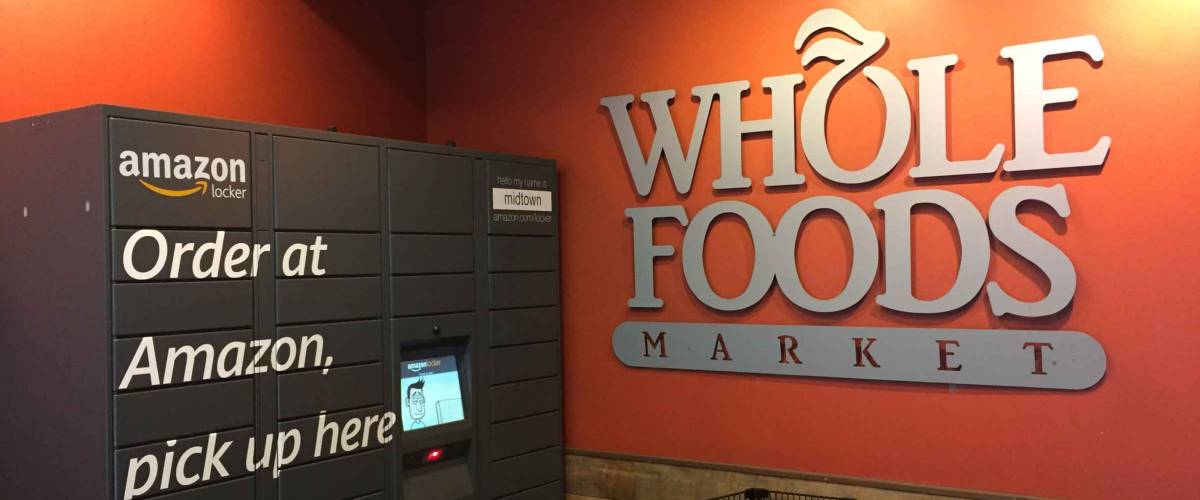 NEW YORK CITY: March 2, 2018: Whole Foods Market (WFM). Amazon (NASDAQ: AMZN) lockers in a Whole Foods supermarket.