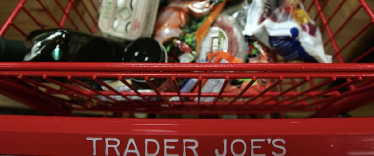 Trader Joe's red shopping card full of assorted products