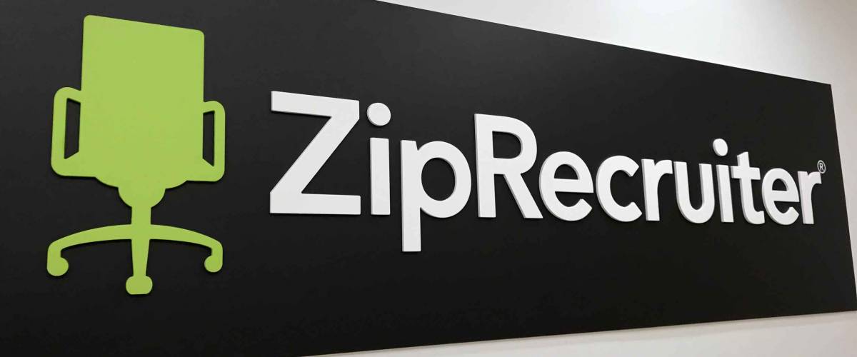 LOS ANGELES, Oct 14th, 2019: Zip Recruiter logo sign close up on a wall at the company's Santa Monica, California headquarters offices.
