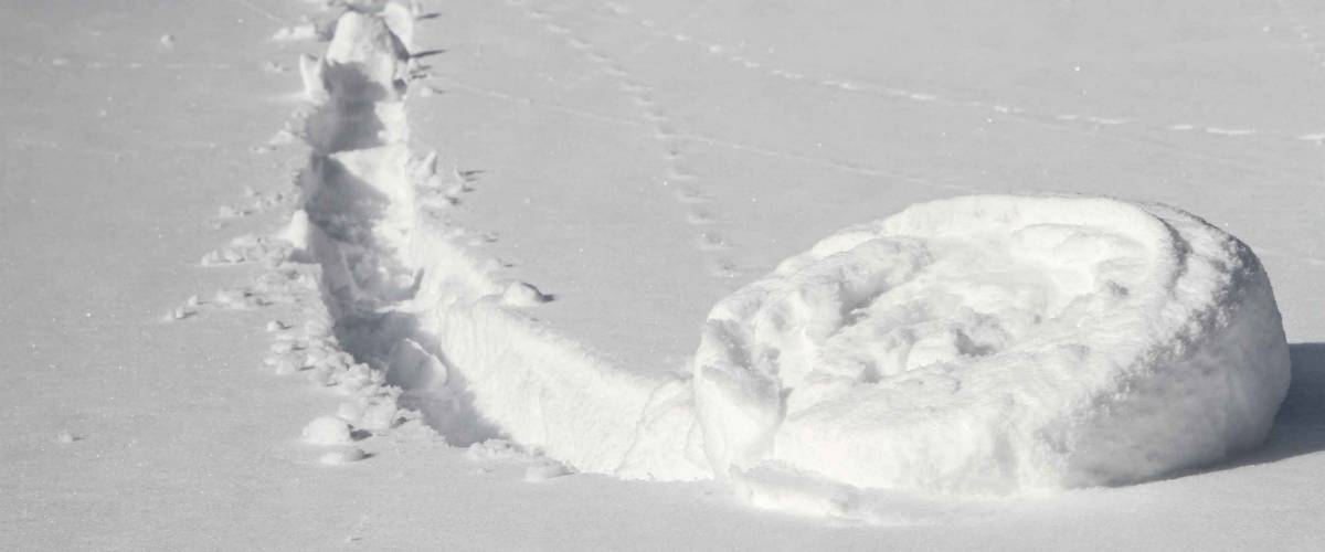The resulting wheel of snow and its track from a snowball that started rolling down a slope of powder snow in direct sunlight.