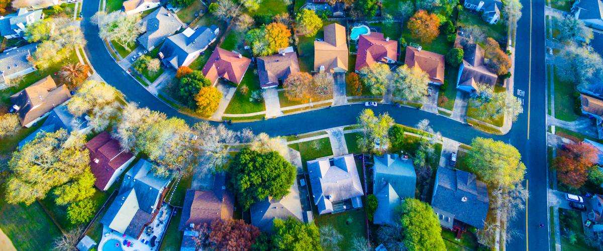 Aerial photo of beautiful neighborhood during the autumn.