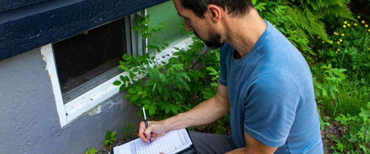 home inspector looks at window into basement, surrounded by weeds/grass