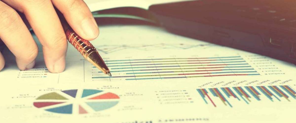 graphs and charts on paper, with hand holding pen over a bar graph