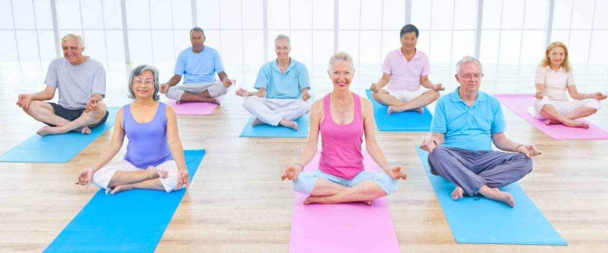 Group of elderly folks doing yoga