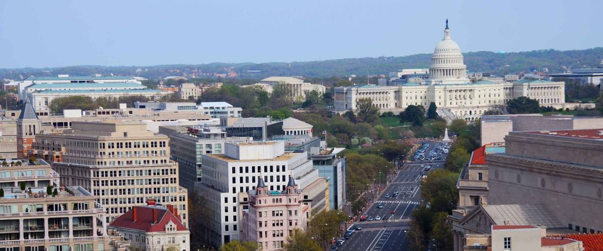 Washington DC aerial view with capitol hill building and street