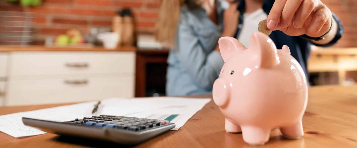 Happy couple inserting coin in piggybank. Home budget, family finance concept. Wide photo with space for your text