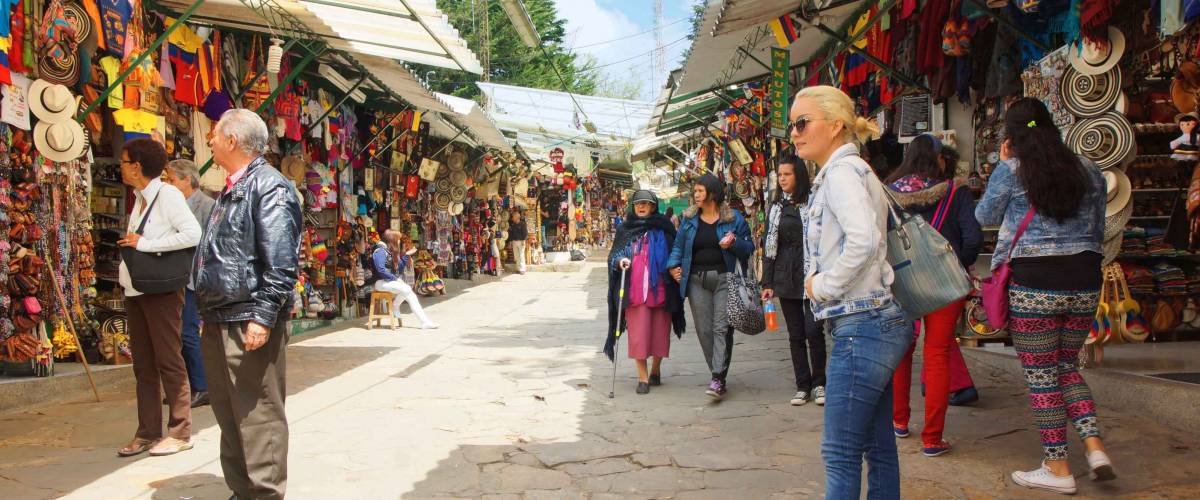 Bogota, Cundinamarca / Colombia - January 19 2016: Tourists at Mount Monserrate craft market in the city of Bogota