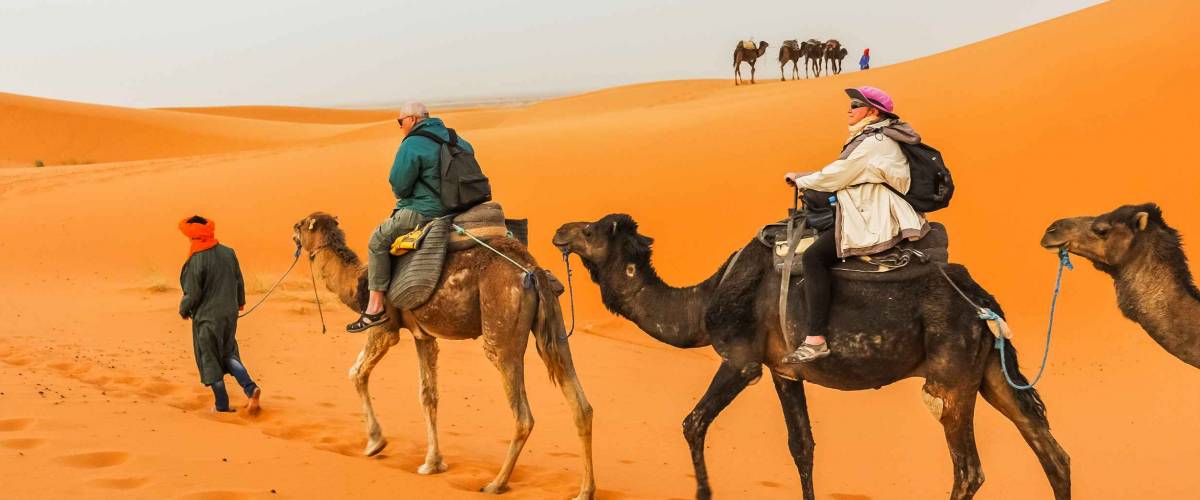 Senior tourists riding camels on Dunes Erg Chebbi near Merzouga, Morocco