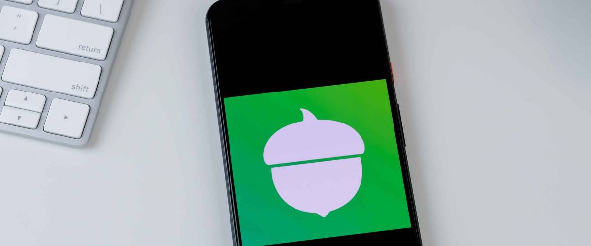 Acorns app logo on a smartphone screen. Manhattan, New York, USA May 2, 2020.