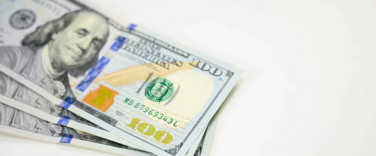 Close up of 300 USD dollar banknote with white background.