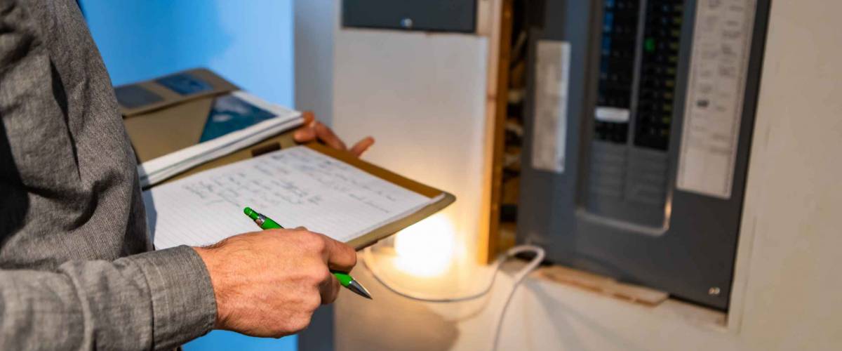 home Inspector in front of electric distribution board during inspection